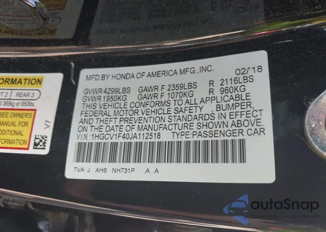 2018 Honda Accord Ex from USA, damaged, VIN 1HGCV1F40JA112518